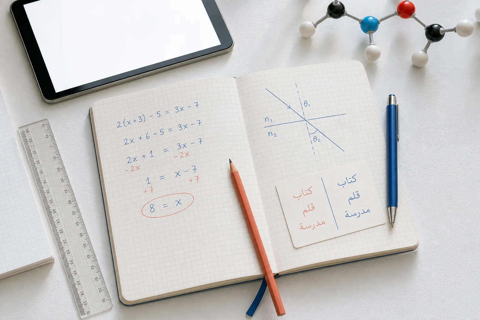 Cahier d’exercices avec une équation, un schéma de réfraction et des cartes de vocabulaire arabe